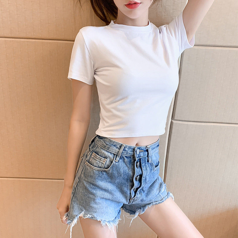 女性用ショートタートルネックTシャツ、半袖、スリムフィット、へそ露出、純粋な欲望スタイルのセクシーなトップス、夏の純綿右肩Tシャツ|undefined