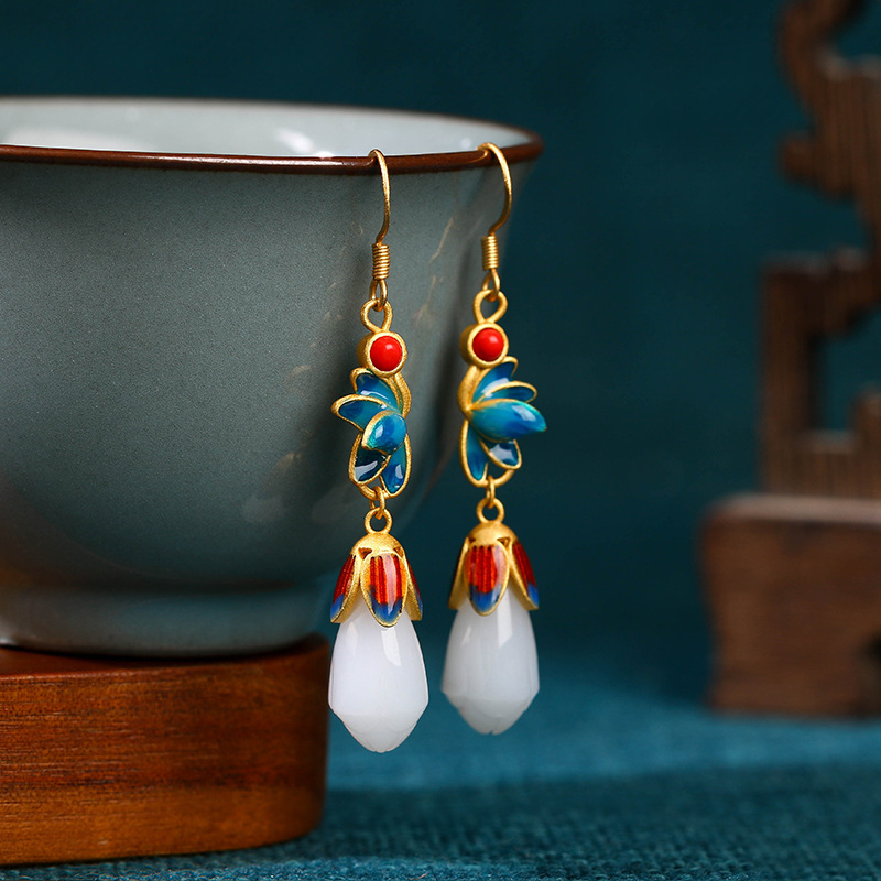 Elyuan S925 silver needle gold-plated imitation Hetian jade national tide cloisonne Lotus Magnolia ear hook temperament earrings for women