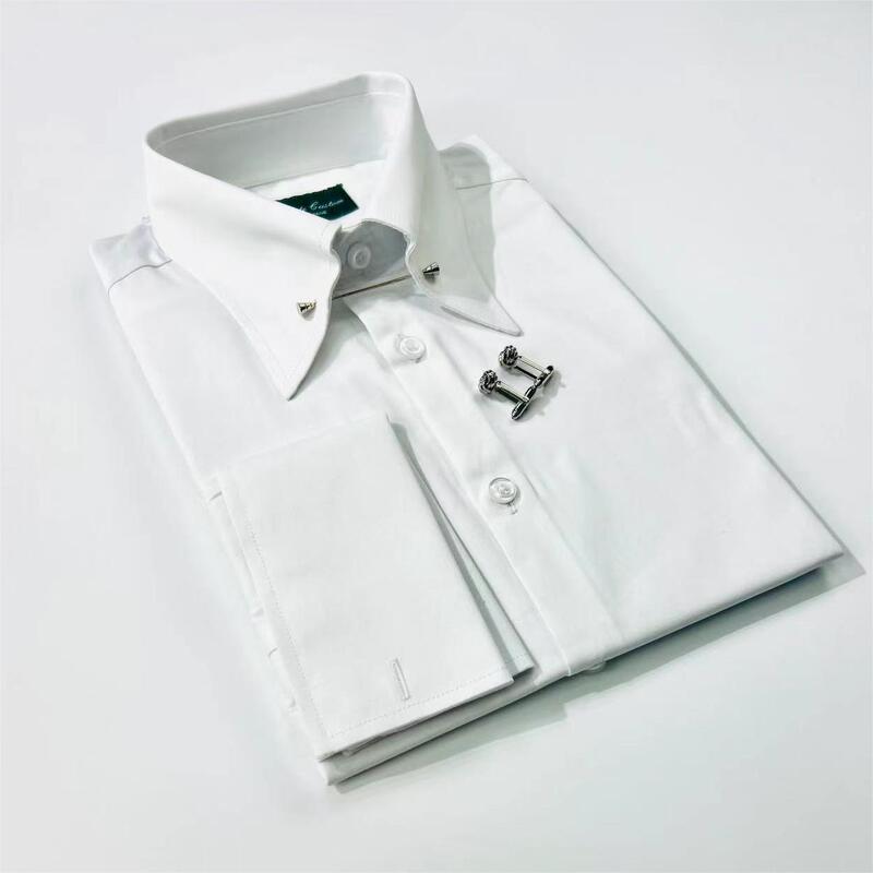 French Empire Collar Shirt Pinhole Collar Shirt Long Sleeve Slim Fit Top Business Fashion All-match Pure White French Sleeve French Empire Collar Shirt Pinhole Collar Shirt Long Sleeve Slim Fit Top Business Fashion All-match Pure White French Sleeve