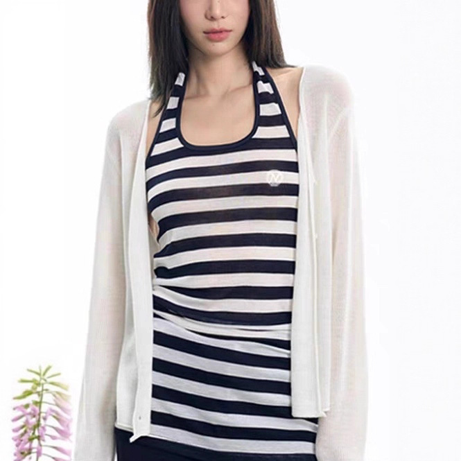 White Wool Knitted Cardigan Women Summer Breathable Casual Lazy Shawl Long Sleeve Cover up Top + Vest + Trousers