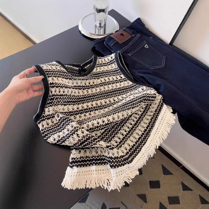 2025 Super Hot Spring Shirt Stacked Knitted Vest Women's Woven Tassel Stitching Outer Waiver Top