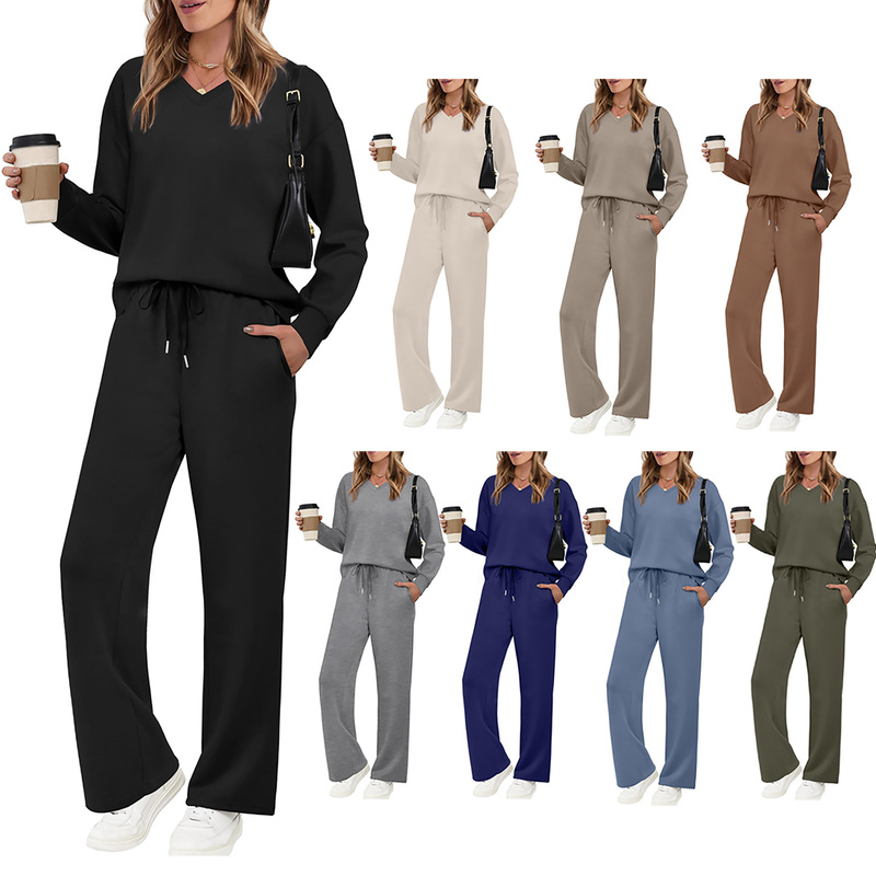 2025 Spring and Autumn Commuting Suit Women's Long Sleeve Drawstring Solid Color Casual Pants Set Cross-Border Amazon Hot Seller 2025 Spring and Autumn Commuting Suit Women's Long Sleeve Drawstring Solid Color Casual Pants Set Cross-Border Amazon Hot Seller