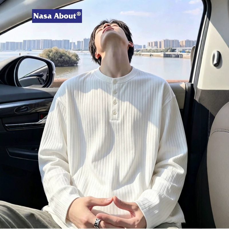 NASA ABOUT American-style Henry collar long-sleeve t-shirt for men, autumn textured vertical ribbed sweatshirt, suitable as an inner layer