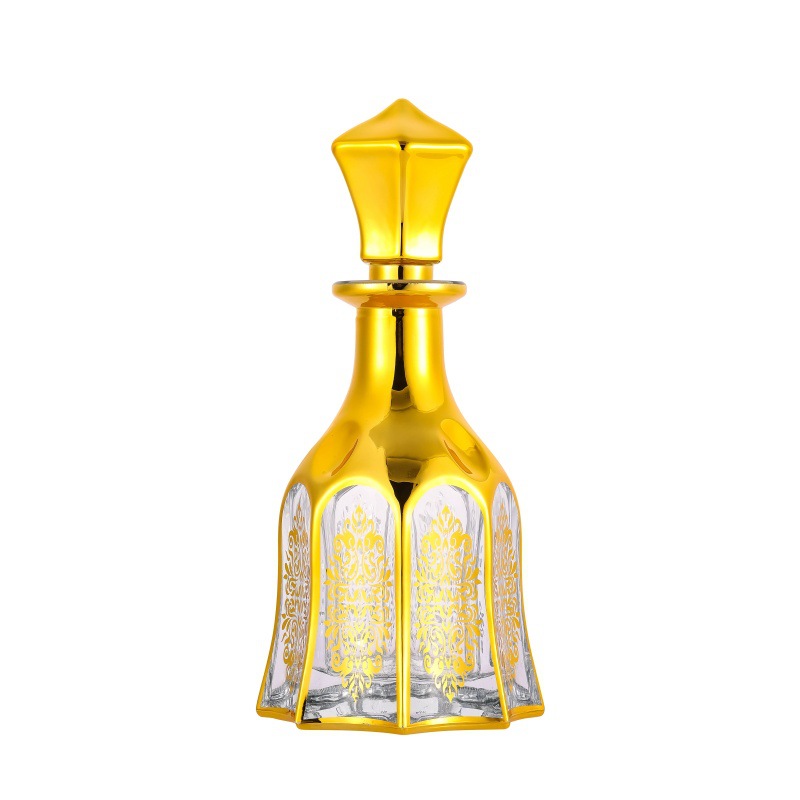 Botella de difusión de vidrio árabe botella de perfume 150ml botella de exhibición de aceite esencial chapado en oro botella de vidrio fragrante botella dividida