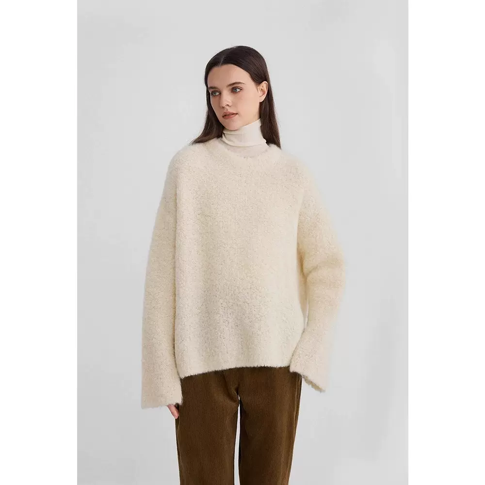 四媛 蓬松羊驼毛羊毛混纺软糯圆领宽松花呢针织衫毛衣25秋冬9385