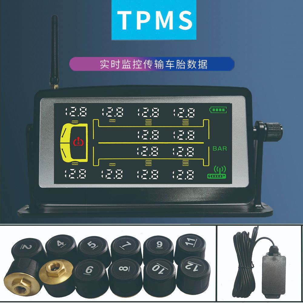 Truck Solar-Powered Tire Pressure Monitoring System (TPMS) for Heavy-Duty Trucks with 8, 10, 12, or 14 Wheels, Wireless Tire Pressure Detection