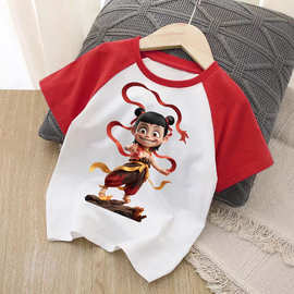 中大童纯棉哪吒印花短袖T恤男女童夏季新款帅气卡通撞色儿童上衣
