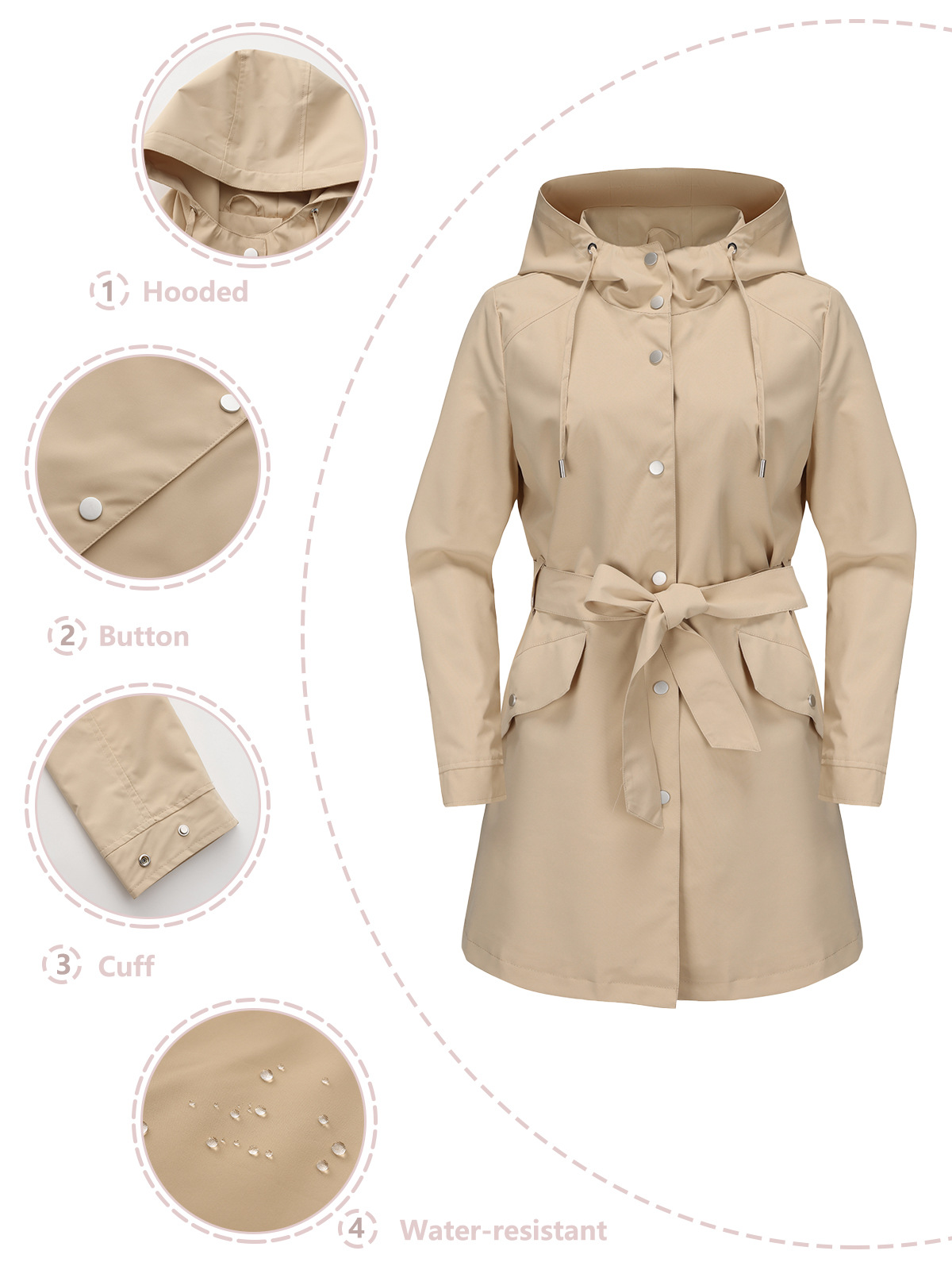 Women's Clothing Spring and Autumn Hooded Water Repellent Jacket with Belt Thin Casual Loose Windbreaker _voghion.com