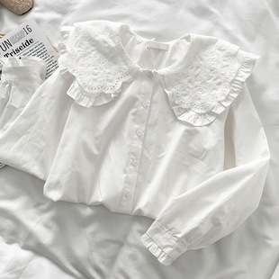 2023 Spring and Autumn Solid Color Doll Collar Shirt Women's French Sweet White Shirt Ruffled Lace Long Sleeve Top