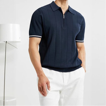 2025夏季男士针织短袖衫修身英伦风纯色冰丝新款翻领半袖恤打底衫