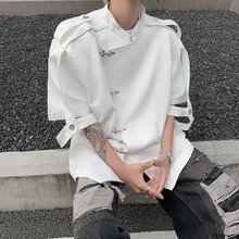 短袖衬衫男夏季薄款设计感小众解构金属扣新中式垫肩宽松半袖衬衣