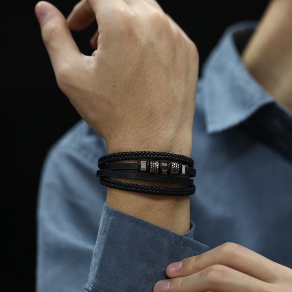 Men's Multi-layer Leather Bracelet Stainless Steel Magnetic Clasp_voghion.com