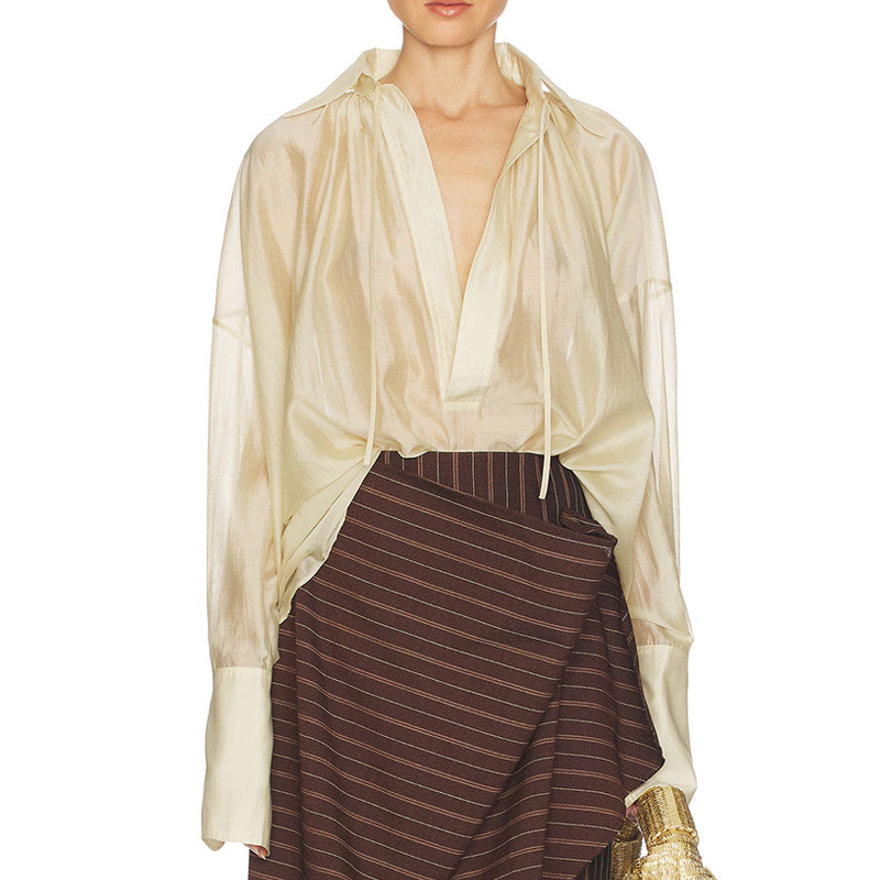 Shenzhen Nanyou Women's Lace-Up Pleated Long Shirt 2026 Spring New Niche Design High-End Light Luxury Top