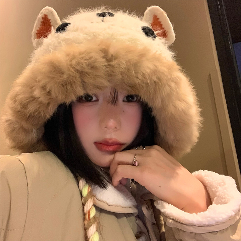 2024 autumn and winter plush cute little monster for women, showing off face, small knitted versatile, warm, ear_voghion.com