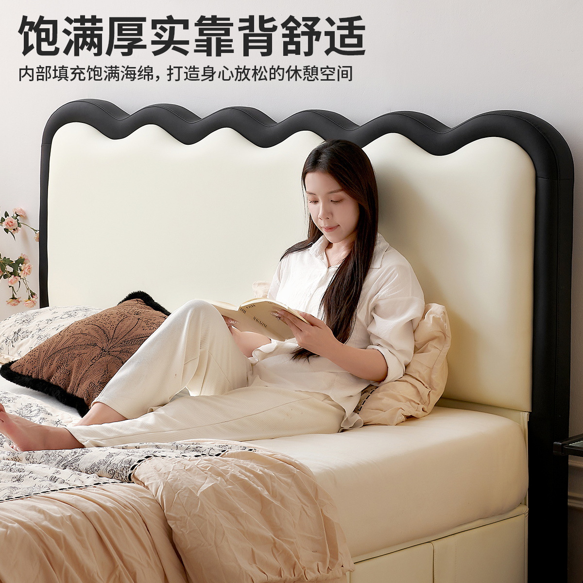 Tongyute レトロスタイル波状マスターベッドルーム第一層牛革モダンダブルハイボックス収納引き出しレザーベッド