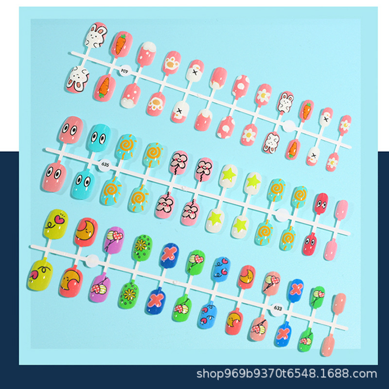 Nuevo desgaste hecho a mano uñas fresco lindo terminado dibujos animados niños desgaste uñas desmontable falso uñas manicura 24 unidades