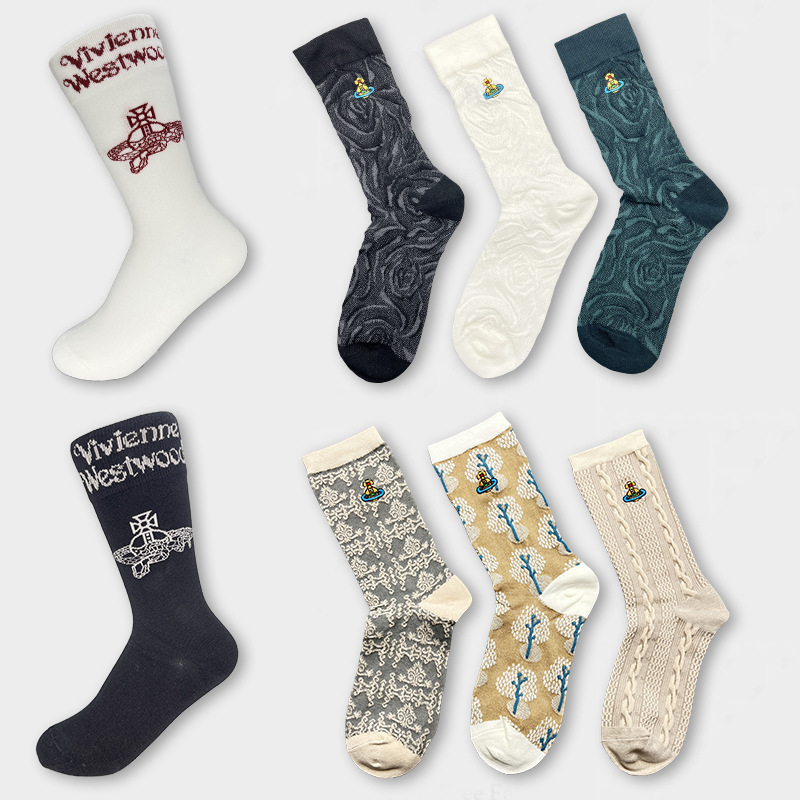 New Western Empress Dowager Socks Women's Medium Embroidery Saturn Spring and Autumn Ins Trendy Japanese Style Three-Dimensional Embossed Artistic Cotton Socks