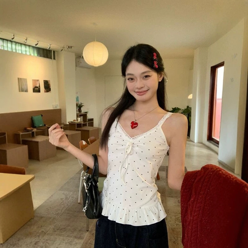 【210g 40-count fine cotton】White lace polka dot camisole for women, perfect for summer, sleeveless top