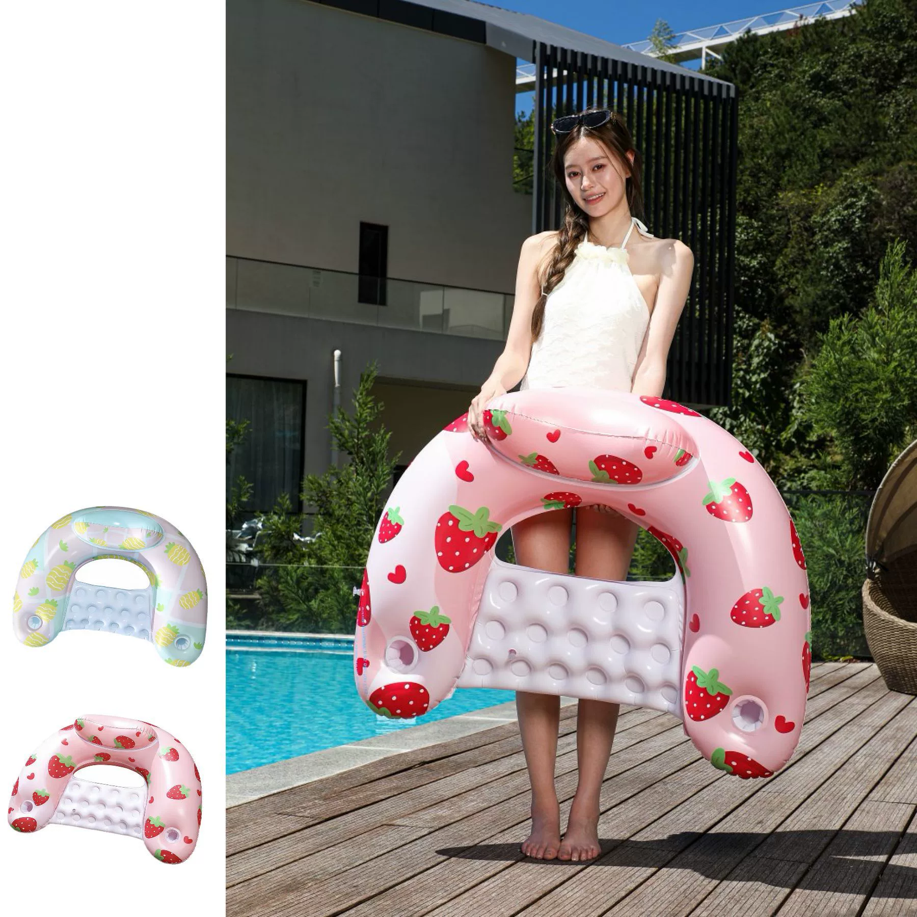 畅游 ins泳池充气浮床菠萝草莓U型躺椅充气浮排网红游泳圈躺椅