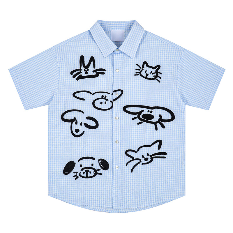 Neutral Outfit Summer Japanese Style Cartoon Embroidered Plaid Shirt Men and Women Cute Casual Design Short Sleeve