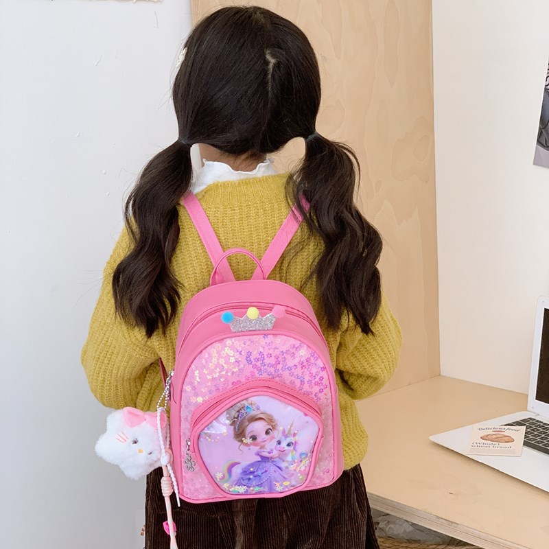 Nueva mochila infantil de dibujos animados de moda sequinilla viaje bebé mochila princesa con colgante mochila de moda