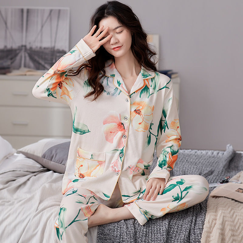 Más tamaño % Pijama de algodón traje de invierno de manga larga de primavera y otoño de las mujeres de mediana edad homewear se puede usar fuera