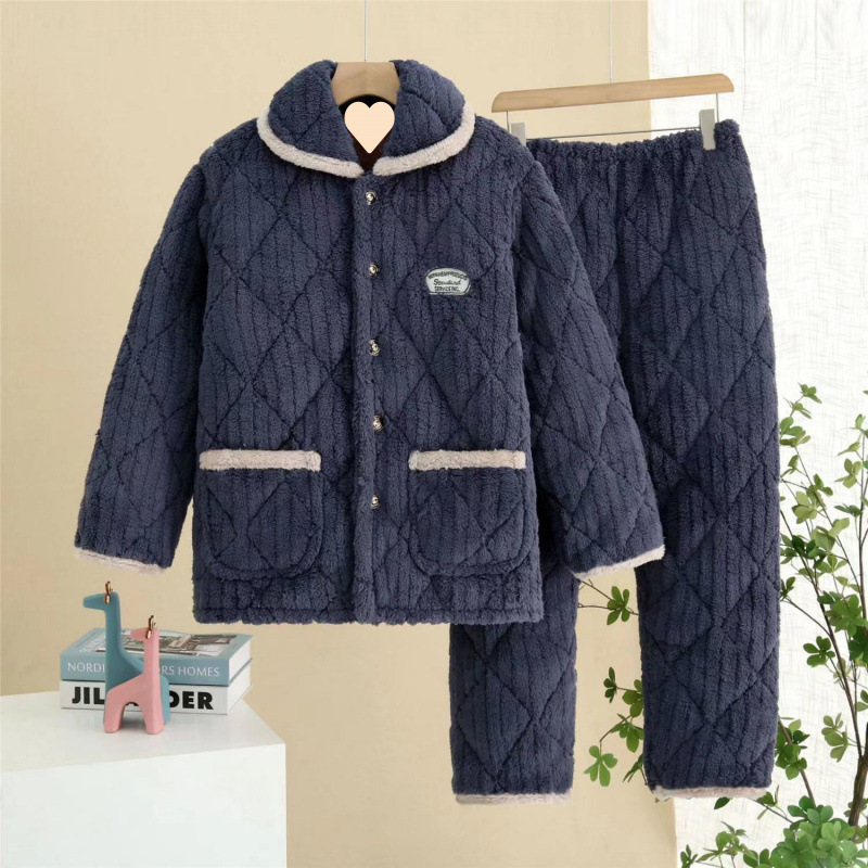 남성용 겨울면 잠옷, 3겹 플러스 벨벳, 두툼한 누빔 플란넬, 따뜻한 홈웨어 세트, 캐주얼하고 외출 가능