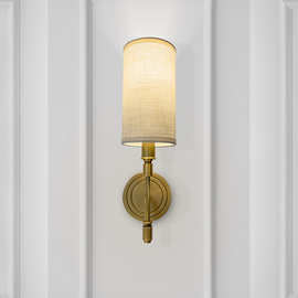 现代简约全铜壁灯美式客厅背景墙卧室床头灯书房过道手工布罩壁灯