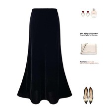 黑色金丝绒半身裙女秋冬拉链款高腰中长款a字包臀鱼尾裙加厚保暖