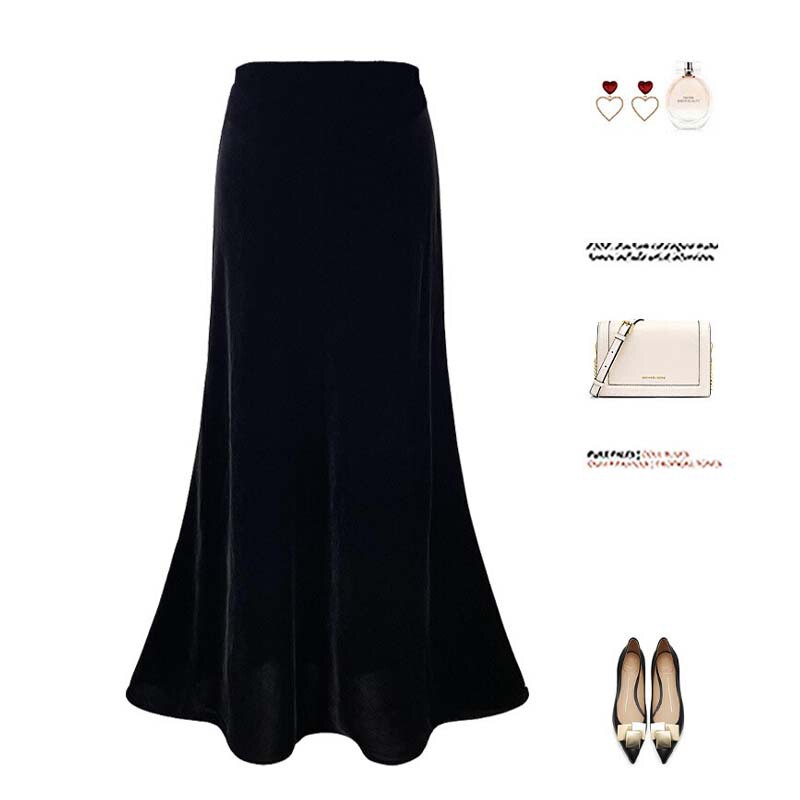 Black Velvet Skirt for Women, Autumn and Winter, Zipper Style, High-Waisted, Mid-Length, A-Line, Bodycon, Fishtail Skirt, Thickened and Warm Black Velvet Skirt for Women, Autumn and Winter, Zipper Style, High-Waisted, Mid-Length, A-Line, Bodycon, Fishtail Skirt, Thickened and Warm