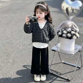 女童秋套装韩系2026新款洋气女宝宝条纹连帽三件套儿童秋季衣服潮