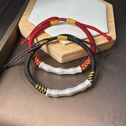 Sterling Silver Bamboo Bracelet Men's High-end National Style Vintage Woven Hand Rope Silver Jewelry Good Luck Birthday Gift for Boys