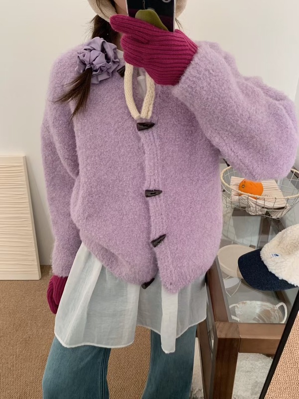 法式牛角扣针织衫外套女软糯圈圈纱毛衣开衫秋冬季小众设计感上衣|undefined