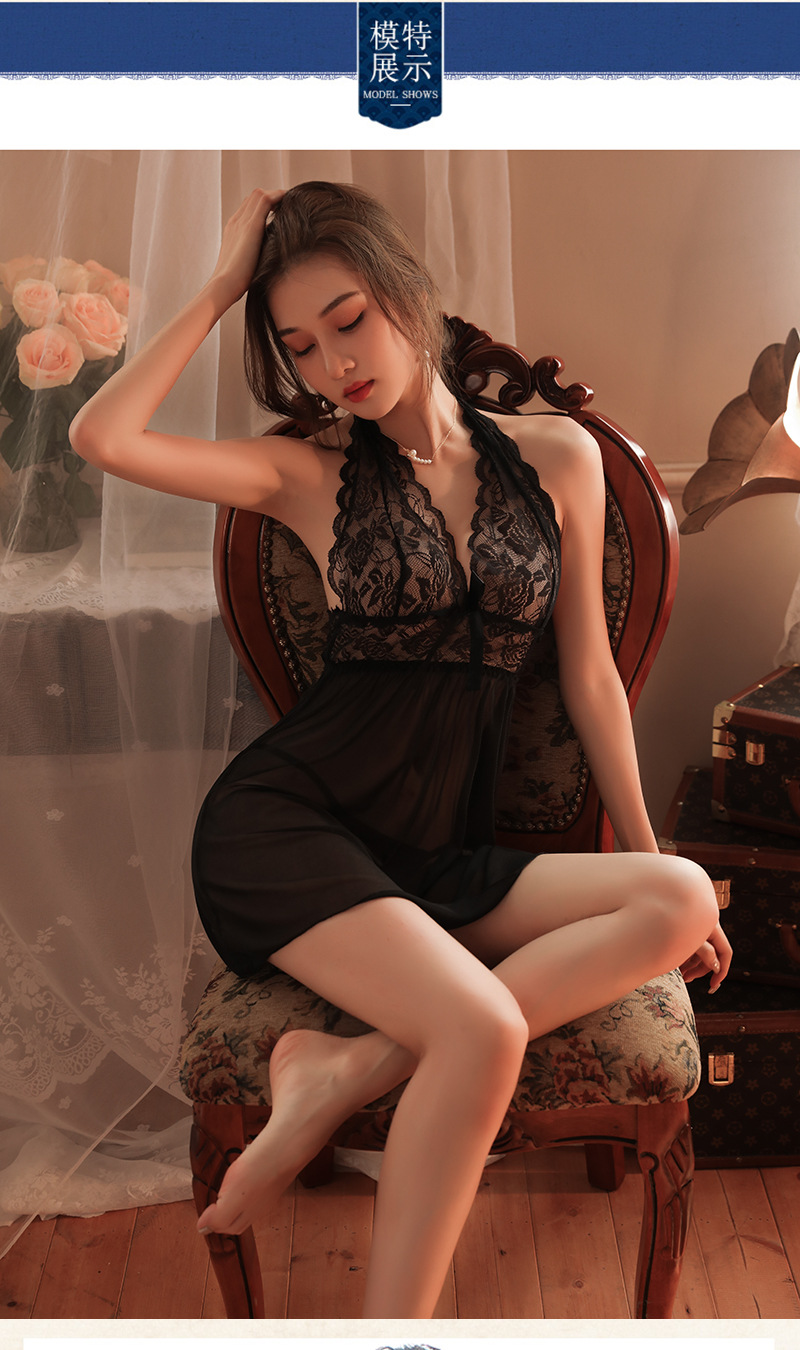 Lace Halter Babydoll Set with Thong, Sheer Mesh Slip Nightdress — detail image 6