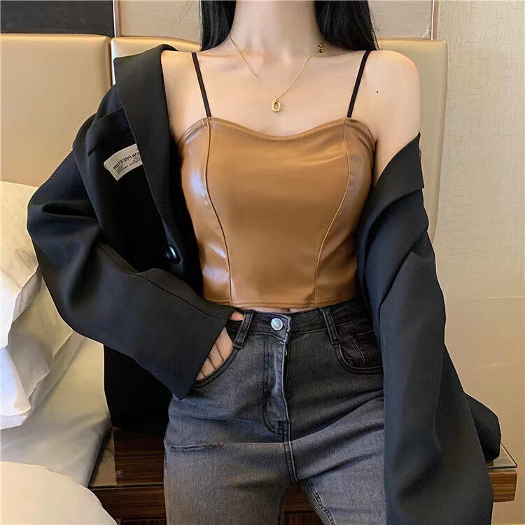 Leather Hot Girl with Chest Pad Sexy Sling Sling Wrapped Chest Vintage Short Pleated Large Size Women's Slim-fit Base Vest
