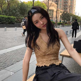 韩国chic夏季新款纯欲风蕾丝甜美系带刺绣花挂脖吊带修身短上衣女