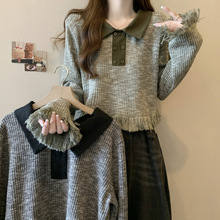 秋冬微胖大码上衣正肩polo领长袖T恤设计感遮肚子流苏打底衫