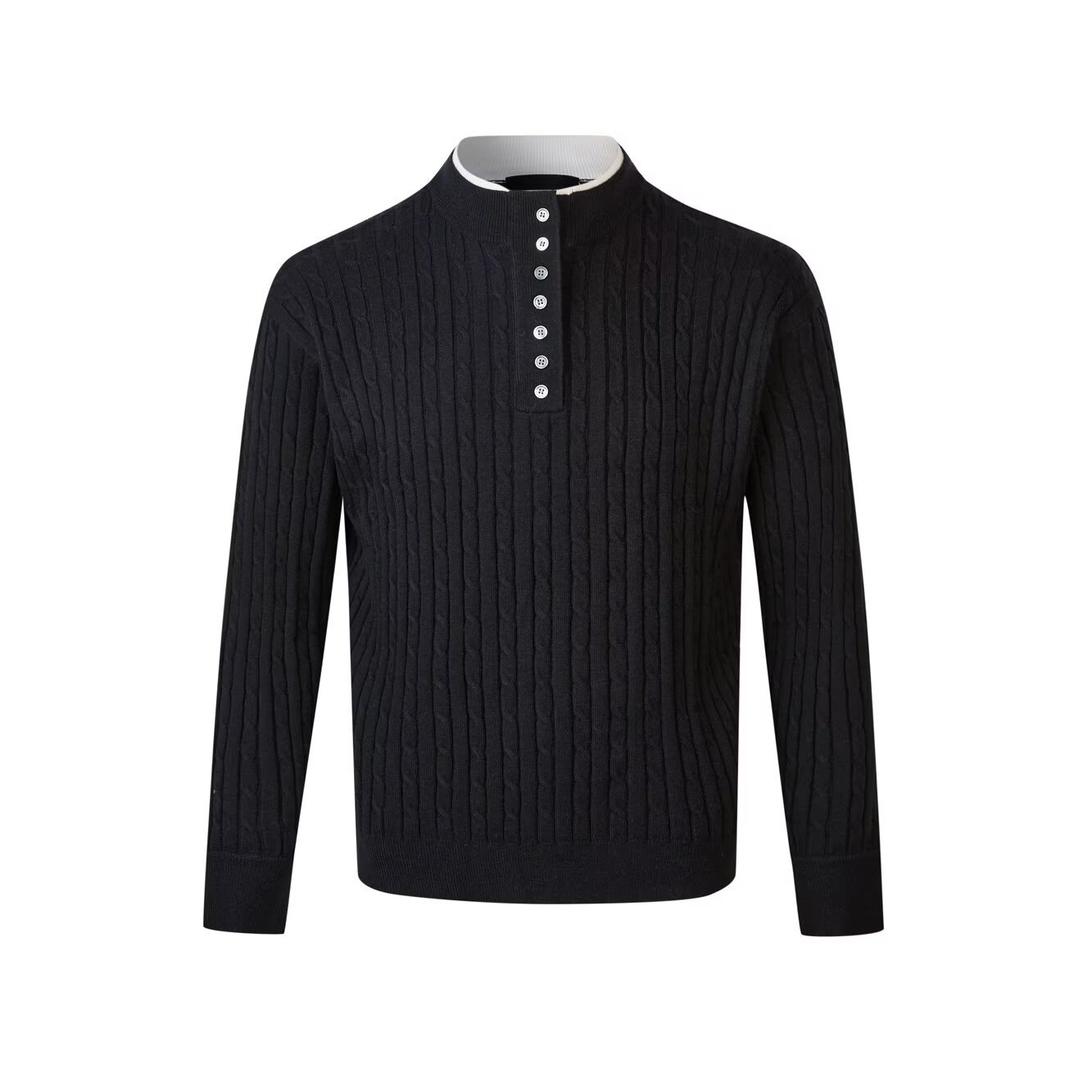 ​​Men's Slim Fit Color Block Henley Sweater – Double Layer Knit Long Sleeve (Black/Grey/Khaki, M-XXL)​​_viptrois.com