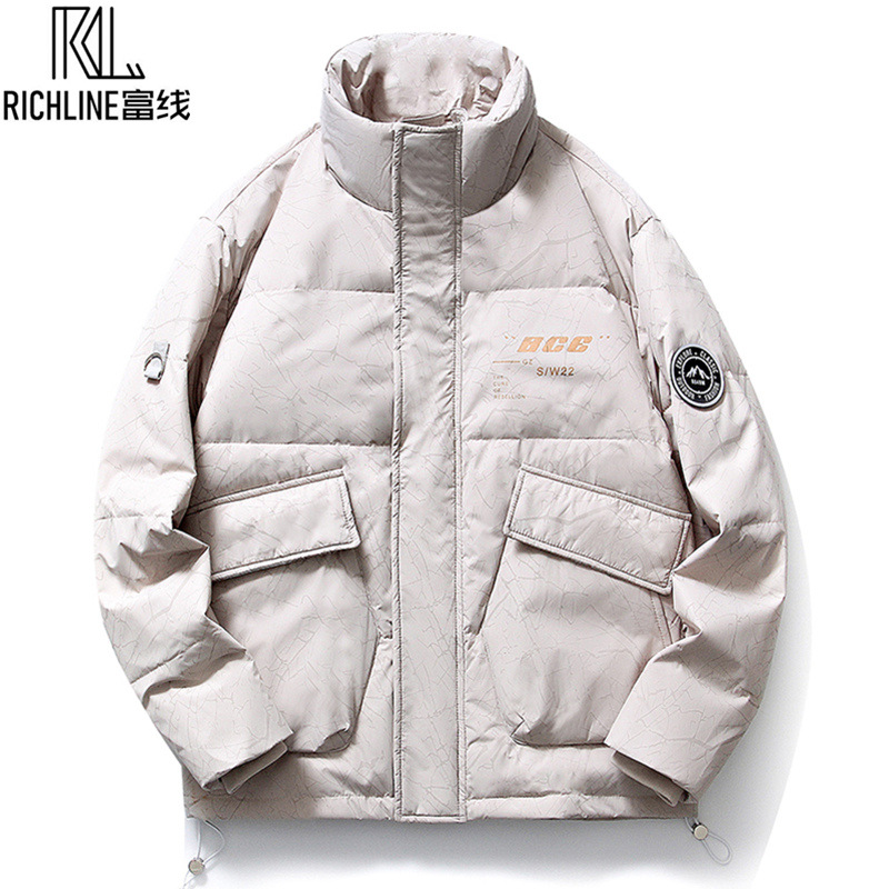 Chaqueta de plumón de cuello vertical de línea rica para hombres de invierno nueva pareja de ropa de pareja para estudiantes gruesa calentamiento 90 chaqueta de chaqueta de arroz blanco de moda
