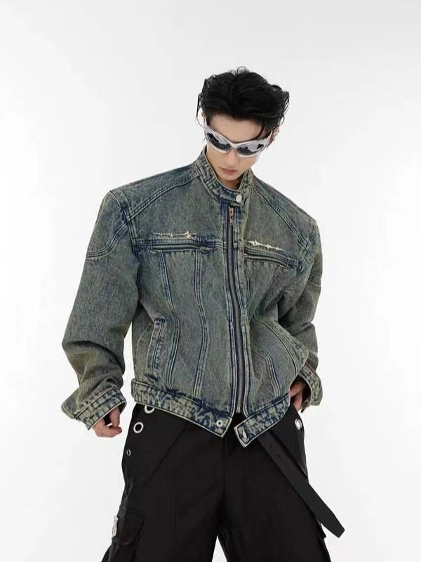 Chaqueta de mezclilla corta con hombreras americanas Chaqueta de mezclilla con cuello alto y cuello alto con sentido de alta gama para hombre