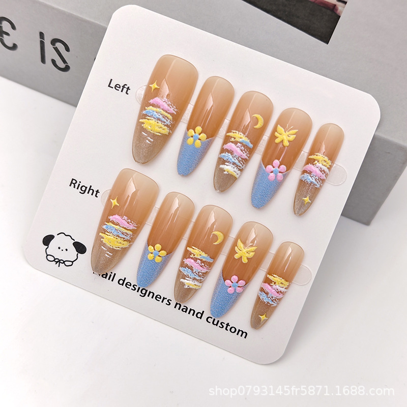 (Hand-Painted Butterfly) Monet's Garden Spring Oil Painting Handmade Manicure Wearable Fake Nails French Rainbow Shows Long Hands