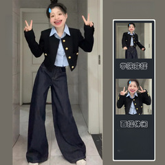 韩系黑色小香风外套女秋冬高级感短款时尚上衣衬衫牛仔裤三件套装