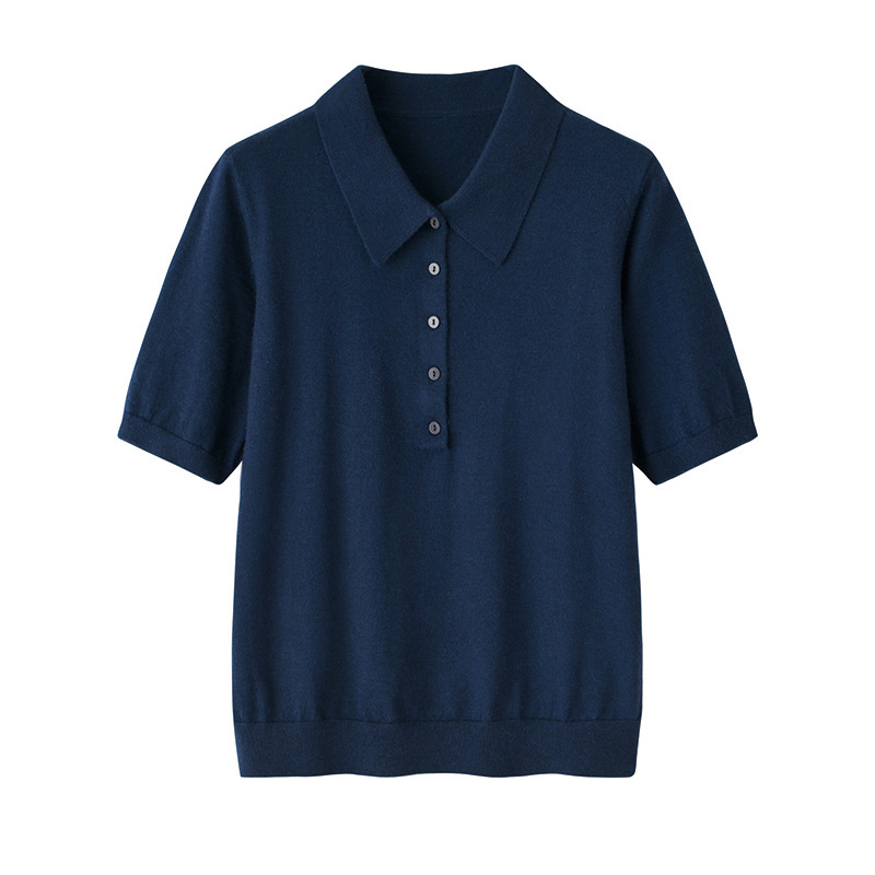 Fine-Spun 68/3 Count 100 Pure Cashmere Women's Lapel Close-Fitting Half-Sleeved Thin Single-Breasted Pullover Polo Collar Knitwear