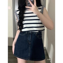 深蓝色牛仔短裙女高腰夏季新款大码胖mm显瘦梨型身材a字半身裙子