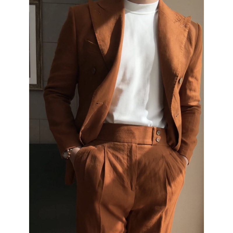 Men's Fashion Casual Double-Breasted Summer Thin High-Quality Linen Trendy Performance Wedding Host Suit Men's Fashion Casual Double-Breasted Summer Thin High-Quality Linen Trendy Performance Wedding Host Suit