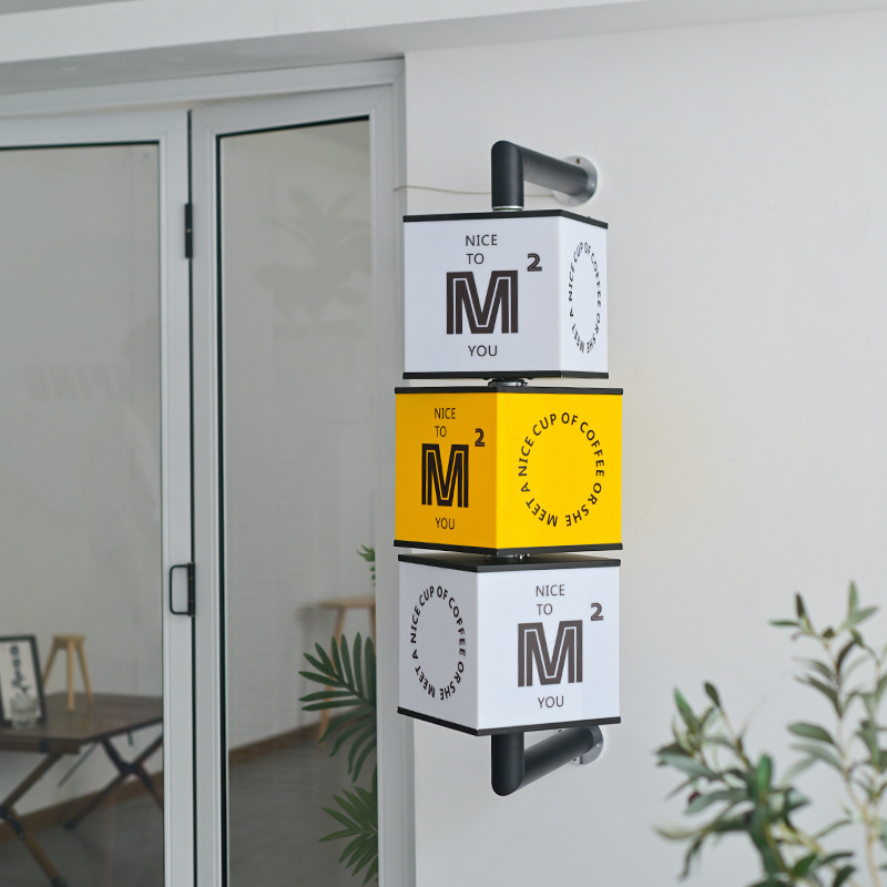 No estándar personalizado creativo red acrílico soporte giratorio caja de luz dinámica puerta colgante lateral cartel rodante