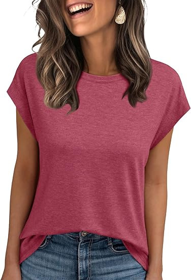 Amazon 2025 ヨーロッパとアメリカの女性のベスト夏クロスボーダーラウンドネック半袖 Tシャツ無地ラウンドネックカバースリーブ外国貿易女性|undefined