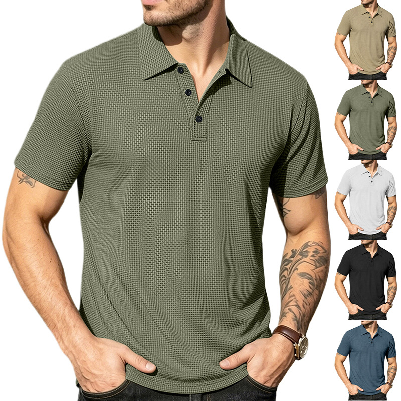 Transfronterizos europeos y americanos ebay verano hombre camiseta de seda de hielo transpirable delgada solapa de color sólido casual americano de manga corta grande