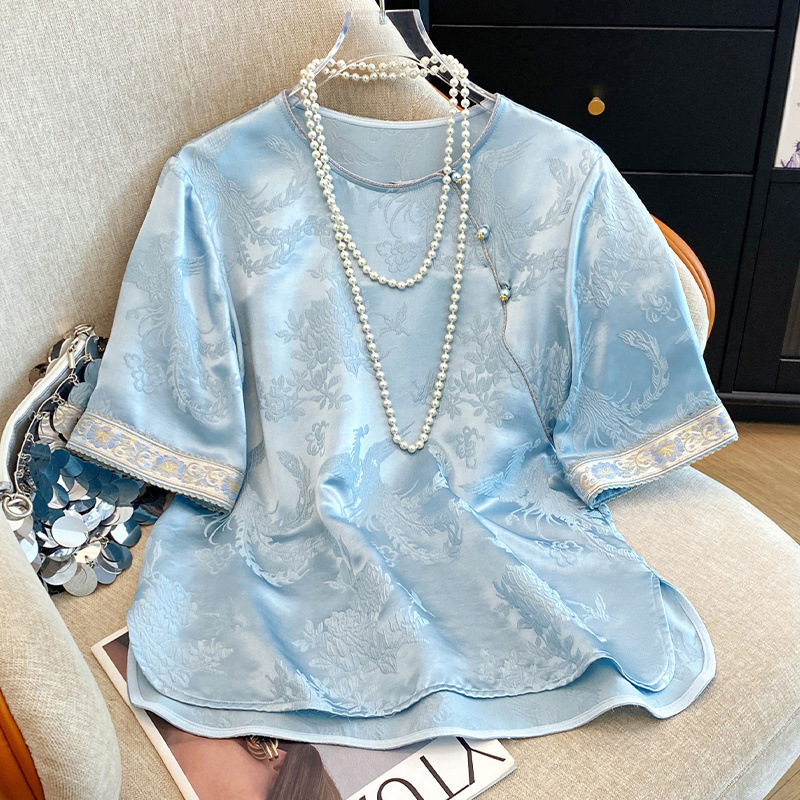 High-Quality Comfortable Breathable Age-Reducing Plus-Size New Chinese Style Versatile Slimming Mulberry Silk Guanle Crepe Shirt for Moms