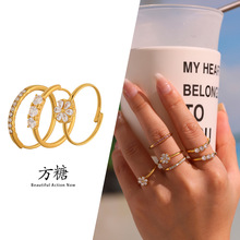方糖5A锆石超闪侧开口可调尺寸戒指不锈钢镀18k金个性食指戒现货